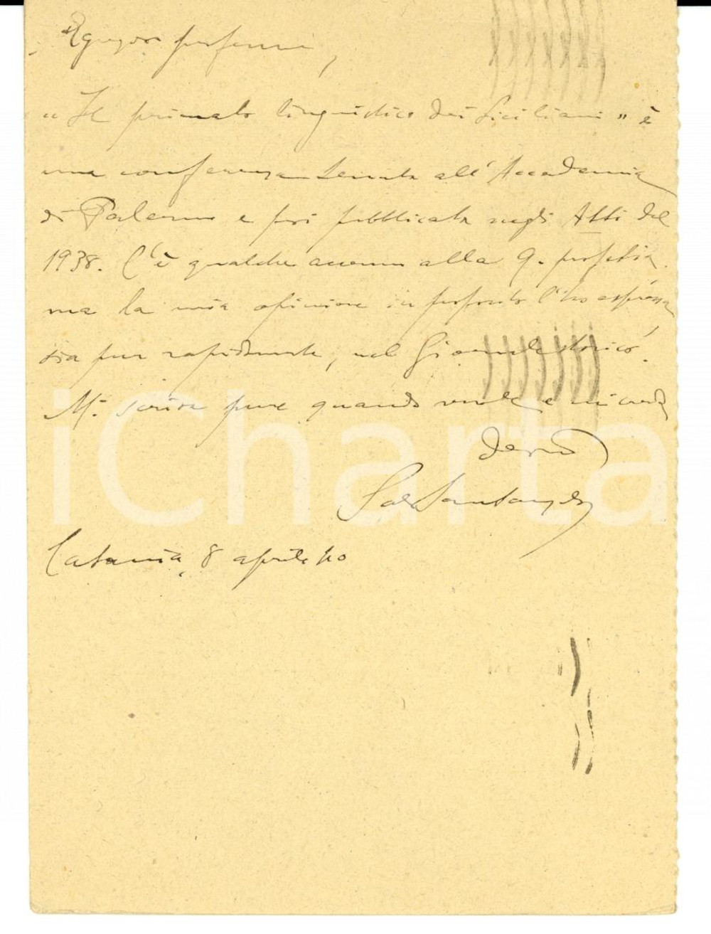 Autografo originale 1940 CATANIA Salvatore SANTANGELO primato linguistico dei siciliani *Autografo 1