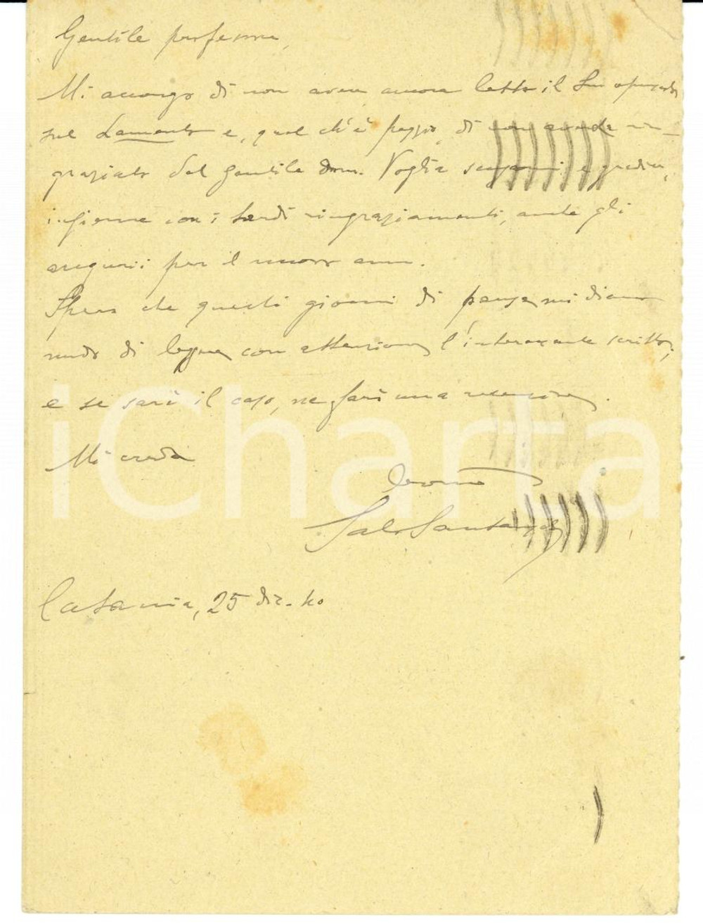 Autografo originale 1940 CATANIA Salvatore SANTANGELO auguri a Gerolamo LAZZERI Autografo 1