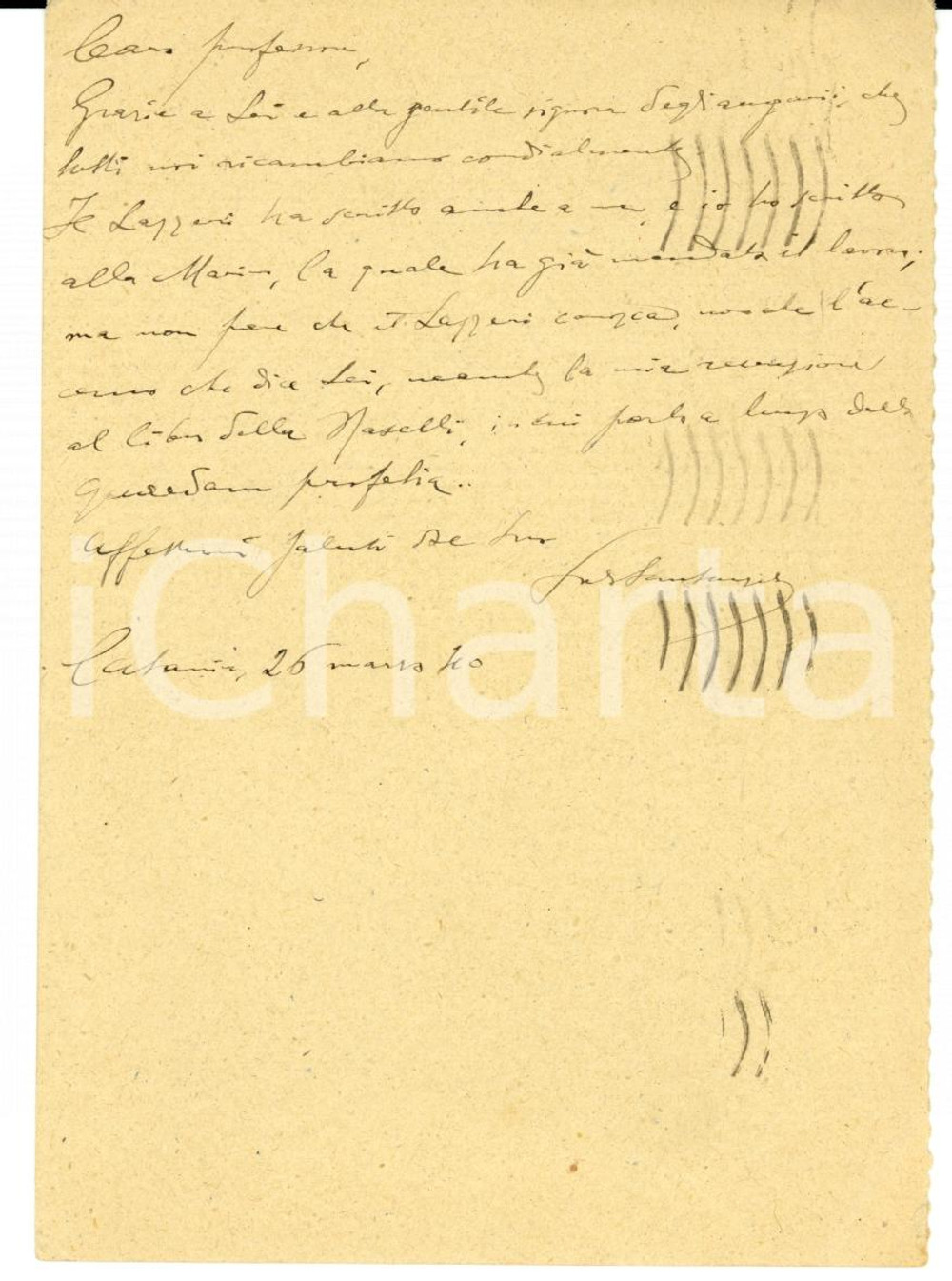 Autografo originale 1940 CATANIA Salvatore SANTANGELO a Ettore LI GOTTI Autografo FG VG 1