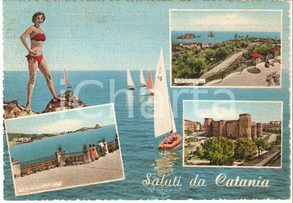 Cartolina originale da collezione 1961 CATANIA Pinup sugli scogli e vedutine della città Cartolina FG VG 1