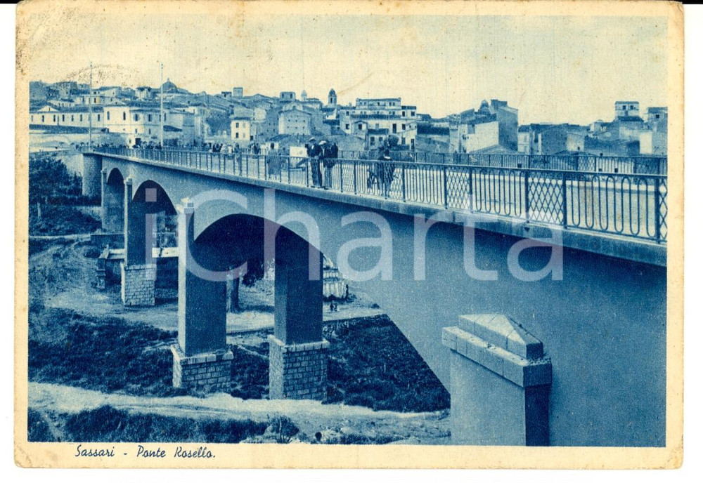Cartolina originale da collezione 1939 SASSARI Veduta del PONTE ROSELLO Cartolina ANIMATA DANNEGGIATA FG VG 1