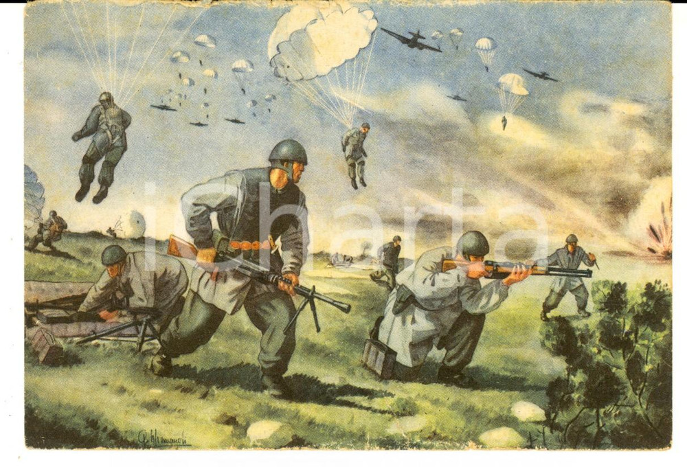 Cartolina originale da collezione 1940 ca WW2 Cartolina postale PARACADUTISTI *ILLUSTRATA forze armate 1