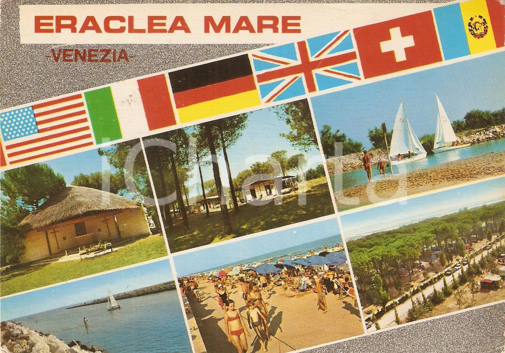 Cartolina originale da collezione 1980 ERACLEAMARE (VE) Vedutine con bungalow camping e spiaggia *Cartolina FG VG 1