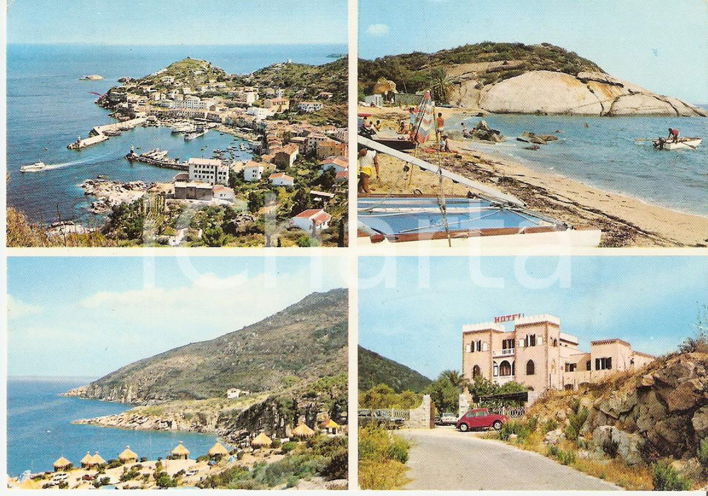 Cartolina originale da collezione 1970 ISOLA DEL GIGLIO GR Vedutine con hotel e spiagge Cartolina FG VG 1