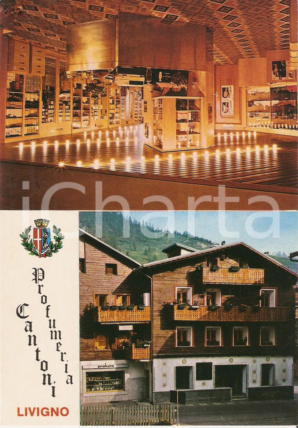 Cartolina originale da collezione 1975 ca LIVIGNO (SO) Profumeria CANTONI *Cartoncino pubblicitario 10 x 15 cm 1