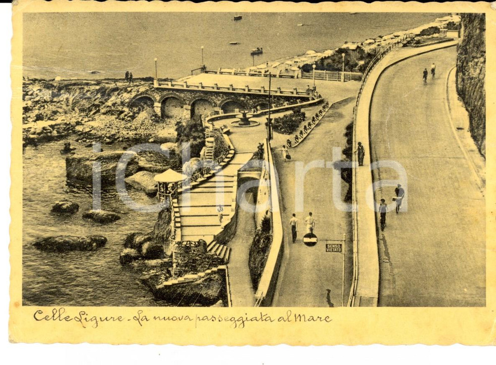 Cartolina originale da collezione 1940 ca CELLE LIGURE Nuova passeggiata al mare Cartolina ANIMATA DANNEGGIATA 1