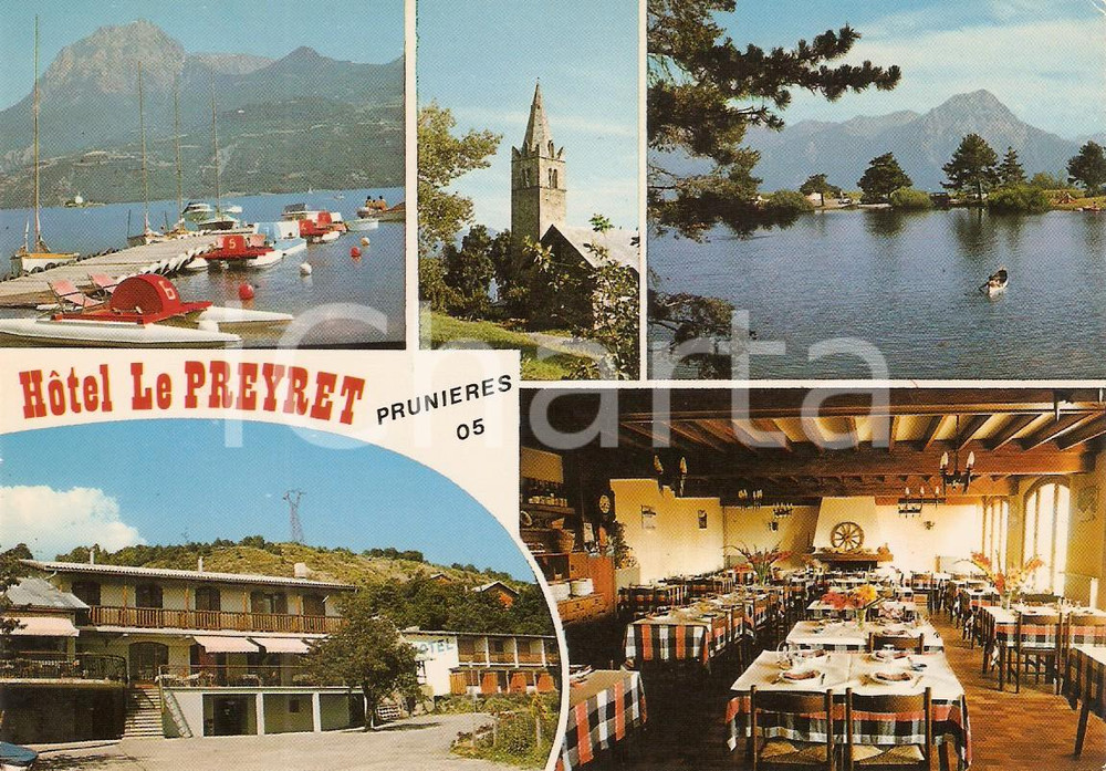 Cartolina originale da collezione 1980 PRUNIERES FRANCE Hotel LE PREYRET e pedalò sul lago Cartolina FG VG 1