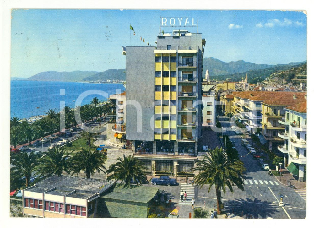 Cartolina originale da collezione 1968 PIETRA LIGURE SV Hotel ROYAL e Via MATTEOTTI Cartolina ANIMATA FG VG 1