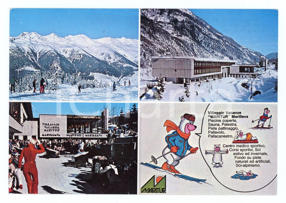 Cartolina originale da collezione 1970 ca MEZZANA TN Villaggio Vacanze MARITUR a MARILLEVA Vedutine VINTAGE FG 1