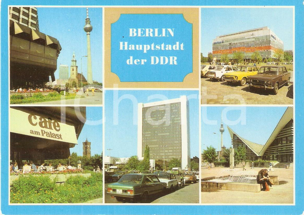 Cartolina originale da collezione 1985 BERLIN  DDR Vedutine con PALASTHOTEL e Café am Palast Cartolina FG VG 1