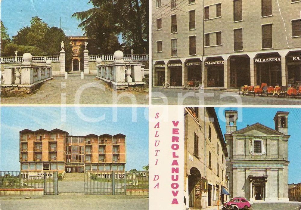 Cartolina originale da collezione 1970 VEROLANUOVA BS Vedutine con chiesa e Calzature GEROLDI Cartolina FG VG 1