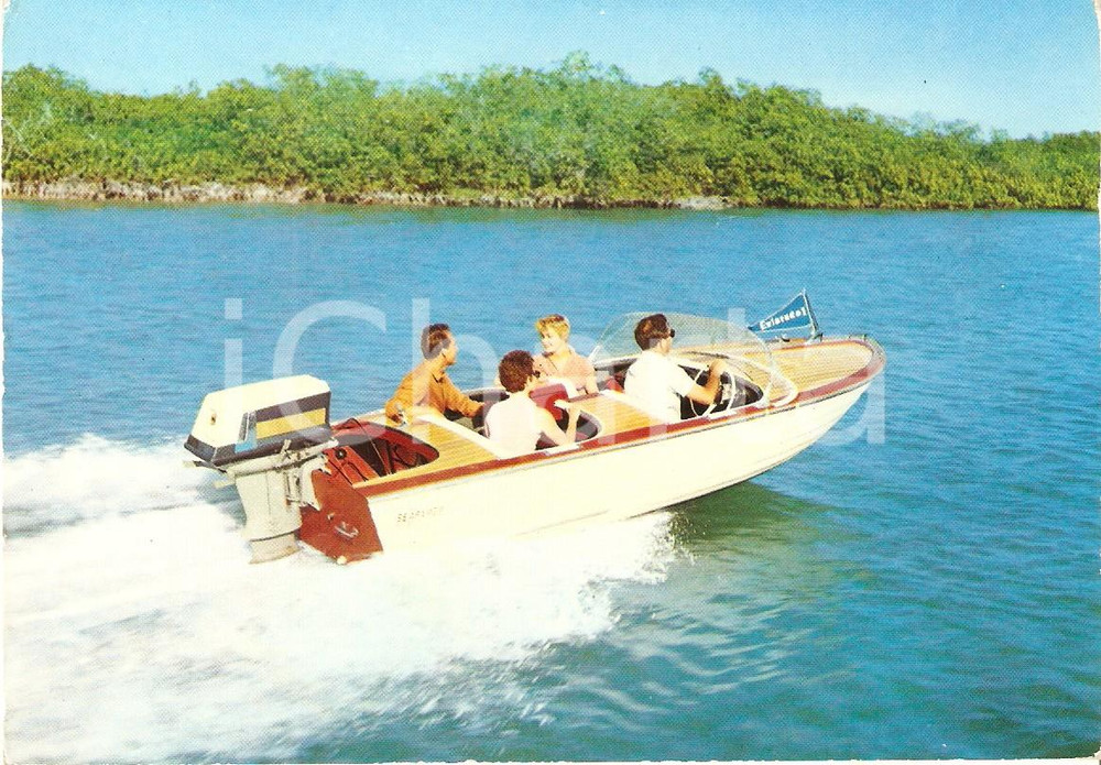 Cartolina originale da collezione 1965 ca SEAFARER MOTOR BOAT Motoscafo sfreccia sul lago Cartolina FG VG 1