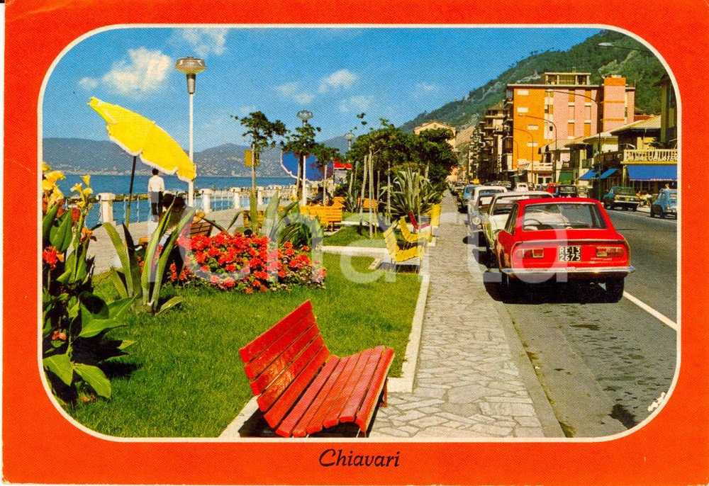 Cartolina originale da collezione 1977 CHIAVARI GE Giardini del lungomare FIAT 124 Sport Cartolina VINTAGE FG VG 1