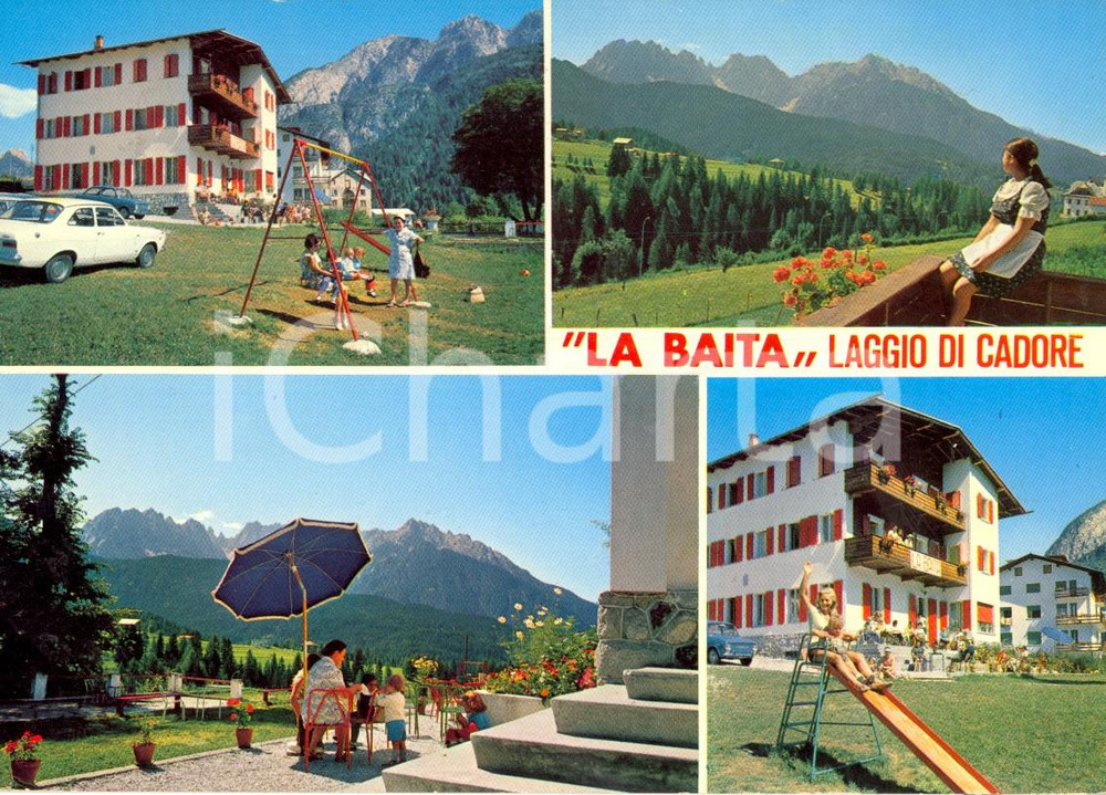 Cartolina originale da collezione 1972 LAGGIO DI CADORE BL Vedutine con LA BAITA Cartolina ANIMATA VINTAGE FG VG 1