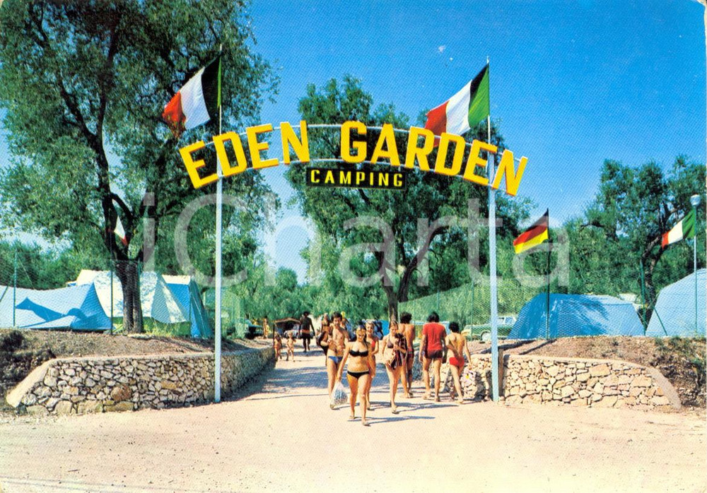 Cartolina originale da collezione 1976 VIESTE FG Camping EDEN GARDEN  Ingresso Cartolina ANIMATA FG VG 1