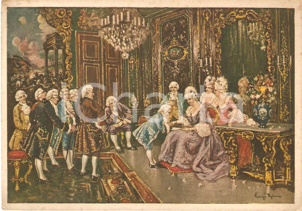 Cartolina originale da collezione 1955 ca MUSICA Il piccolo MOZART a corte  Ill. di A. PAGLIANI Cartolina FG VG 1