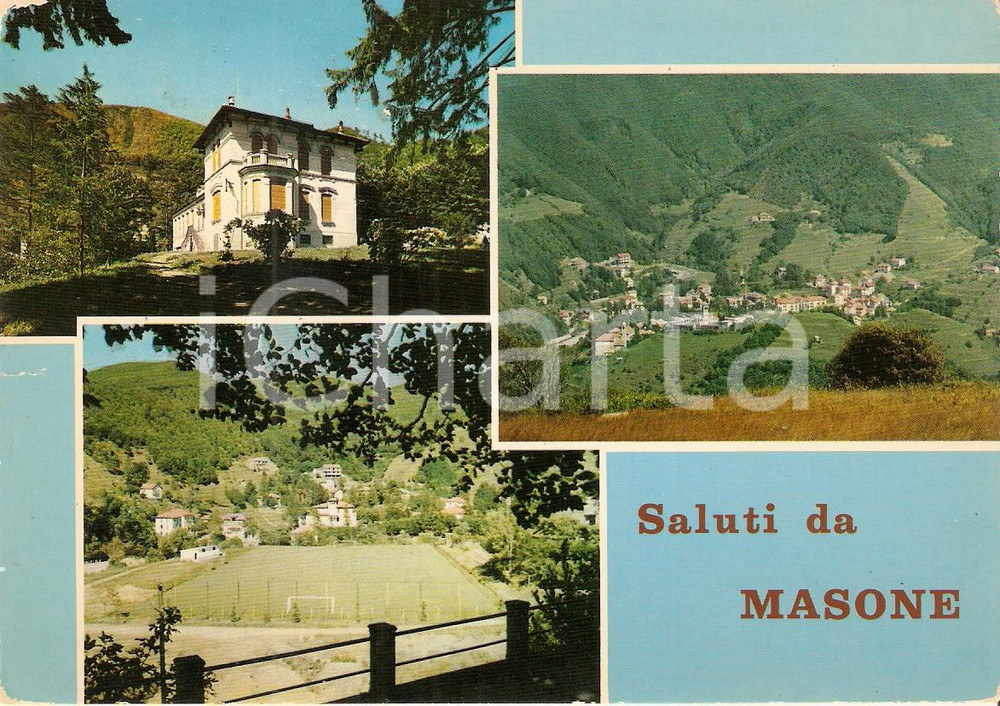 Cartolina originale da collezione 1980 MASONE GE Vedutine con Villa Bagnara e campo sportivo Cartolina FG VG 1