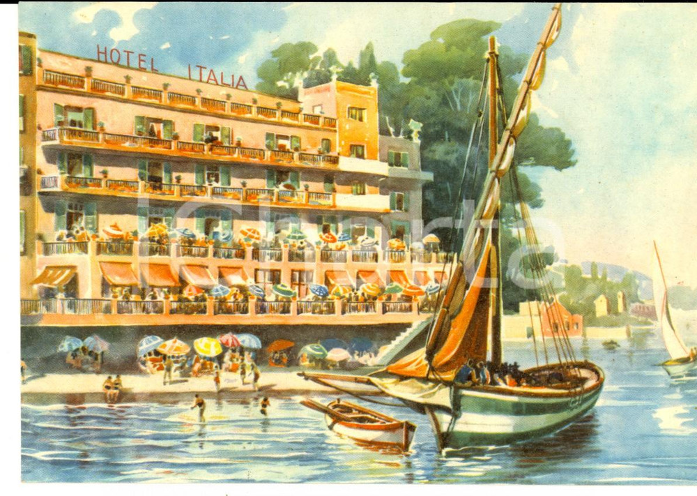 Cartolina originale da collezione 1950 ca RAPALLO GE Hotel GRANDE ITALIA Cartolina ILLUSTRATA ANIMATA FG NV 1