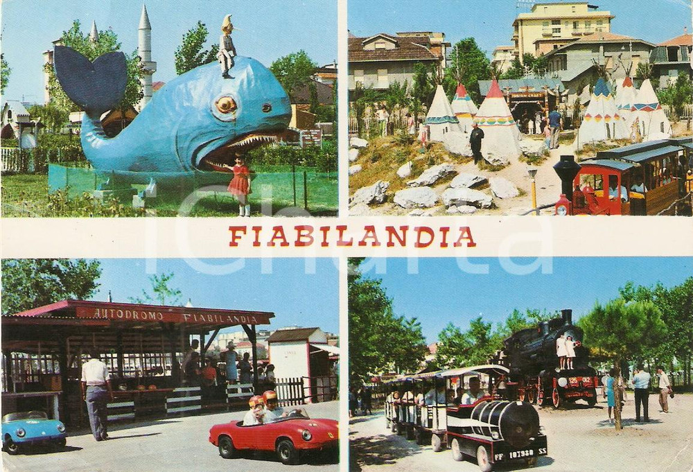 Cartolina originale da collezione 1973 RIVAZZURRA RN Parco divertimenti FIABILANDIA Balena e autodromo Cartolina 1