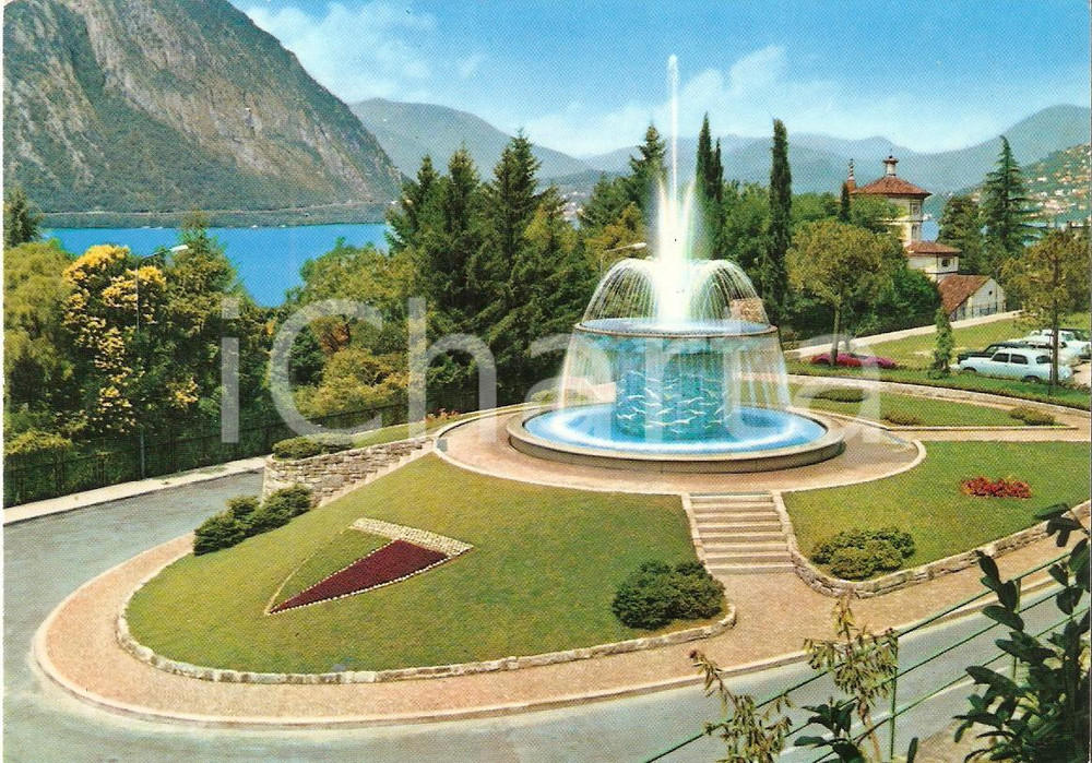 Cartolina originale da collezione 1970 ca CAMPIONE D ITALIA CO Fontana e Lago LUGANO Cartolina VINTAGE FG NV 1