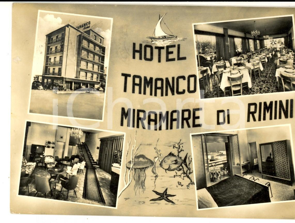 Cartolina originale da collezione 1959 MIRAMARE DI RIMINI Vedutine dell hotel TAMANCO Cartolina postale  FG VG 1