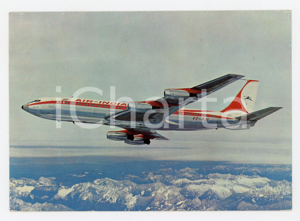 Cartolina originale da collezione 1970 ca AVIAZIONE CIVILE Aeroplano AIR INDIA  BOEING 707 in volo Cartolina FG 1