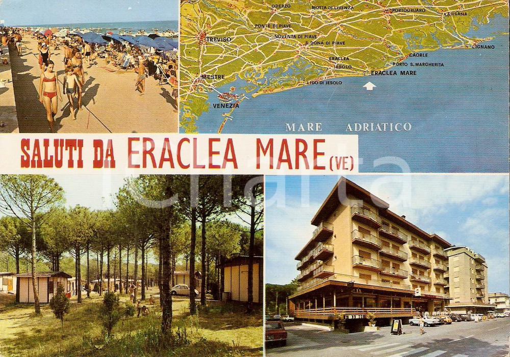 Cartolina originale da collezione 1976 ERACLEA MARE VE Vedutine con spiaggia e camping Cartolina FG VG 1