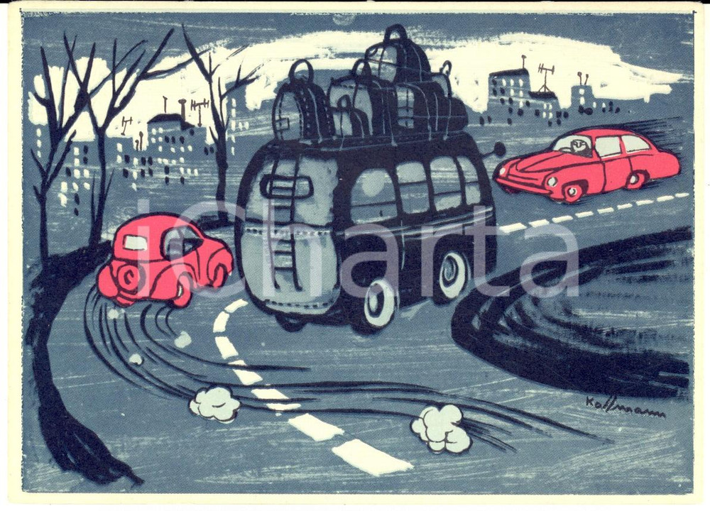 Cartolina originale da collezione 1950 ca PETROLI AQUILA Sicurezza traffico  Sorpasso in curva Renzo KOLLMANN 1
