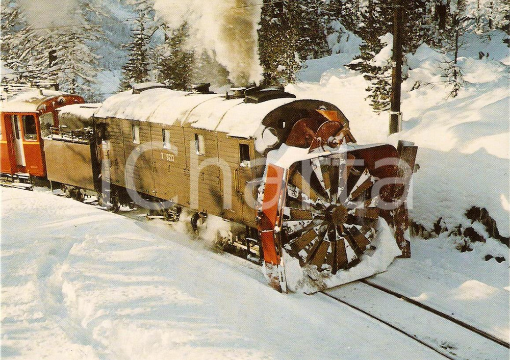 Cartolina originale da collezione 1975 ca SVIZZERA Rhätische Bahn RhB Locomotiva spazzaneve Xrotd 9213 Cartolina 1