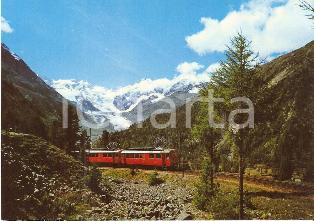 Cartolina originale da collezione 1975 ca ENGADIN SVIZZERA RhÃ¤tische Bahn RhB Treno nella valle Cartolina FG NV 1