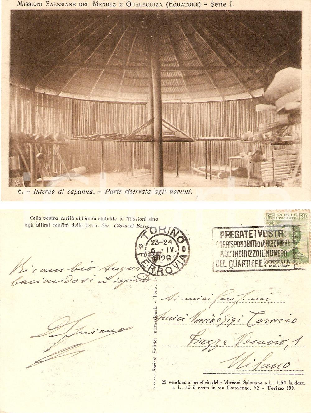 Cartolina originale da collezione 1926 ECUADOR Missioni Salesiane MENDEZ - GUALAQUIZA Capanna *Cartolina FP VG 1