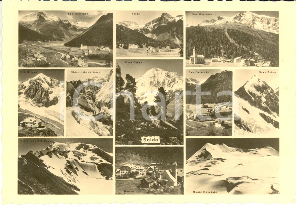 Cartolina originale da collezione 1950 ca SOLDA (BZ) Vedutine VAL VENOSTA con vette principali *Cartolina FG VG 1