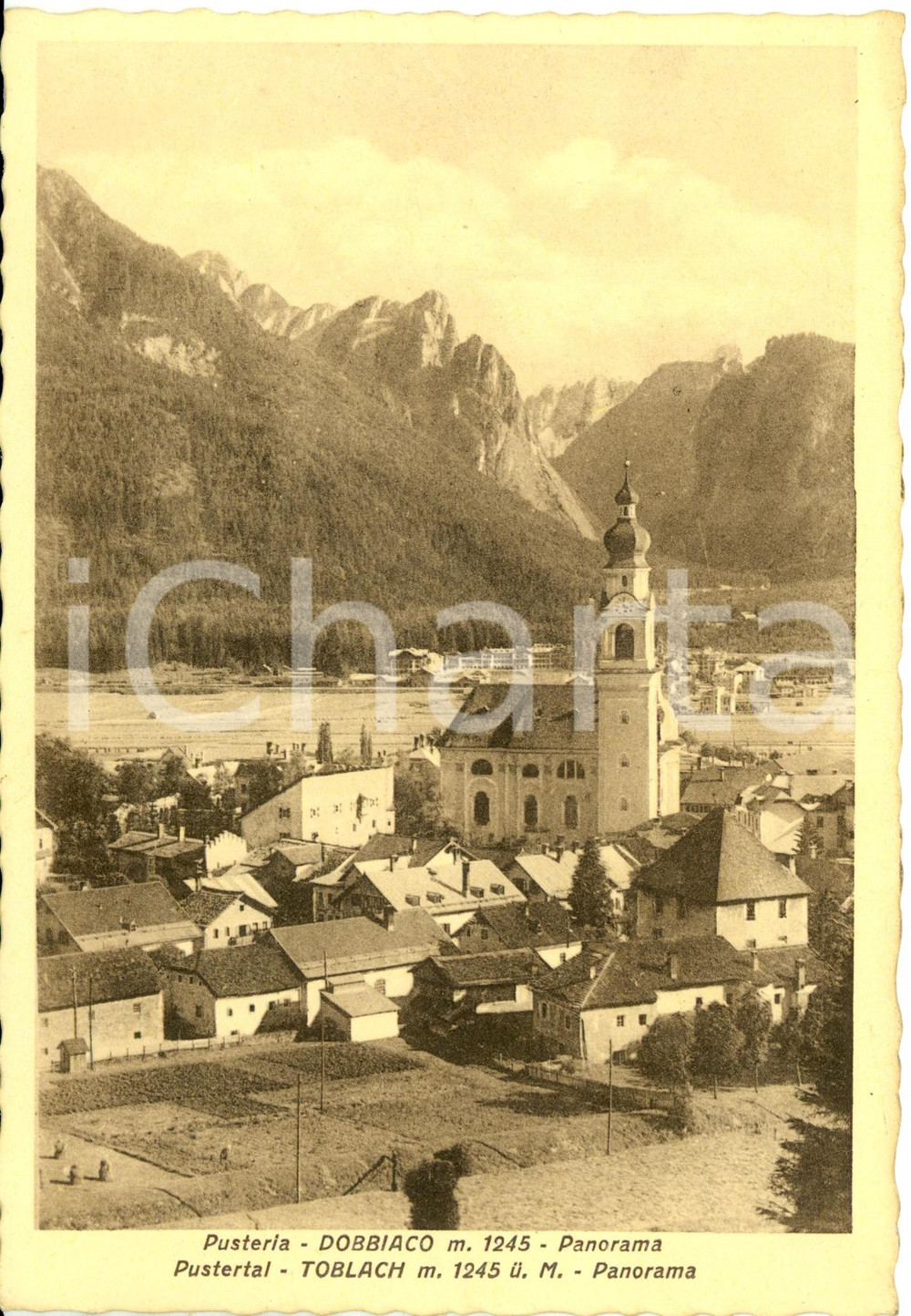 Cartolina originale da collezione 1949 DOBBIACO (BZ) Veduta VAL PUSTERIA con chiesa parrocchiale *Cartolina FG VG 1