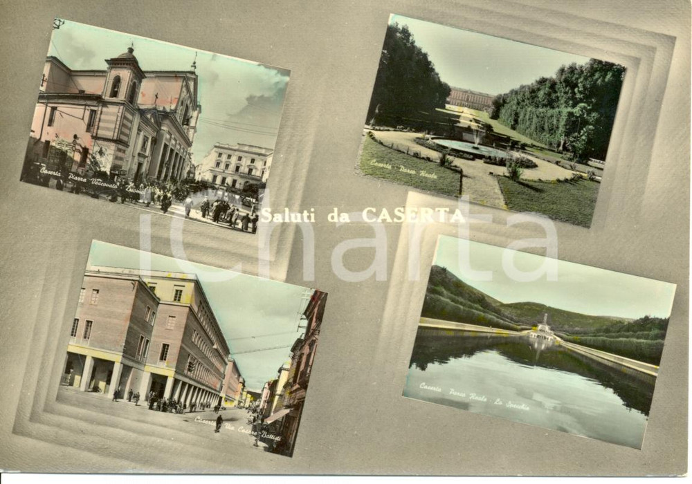 Cartolina originale da collezione 1956 CASERTA Vedutine con PARCO REALE e DUOMO * Cartolina ANIMATA FG VG 1