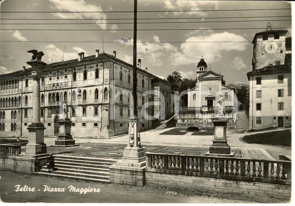 Cartolina originale da collezione 1952 FELTRE (BL) Piazza MAGGIORE con chiesa SAN ROCCO * Cartolina FG VG 1