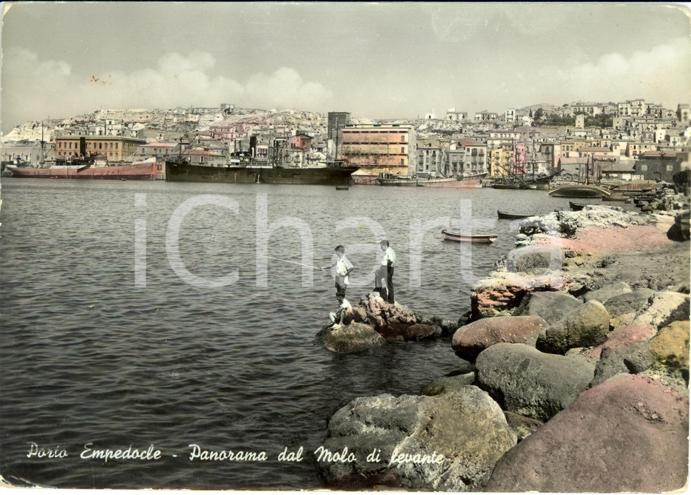 Cartolina originale da collezione 1953 PORTO EMPEDOCLE AG Panorama dal molo di levante con pescatori FG VG 1