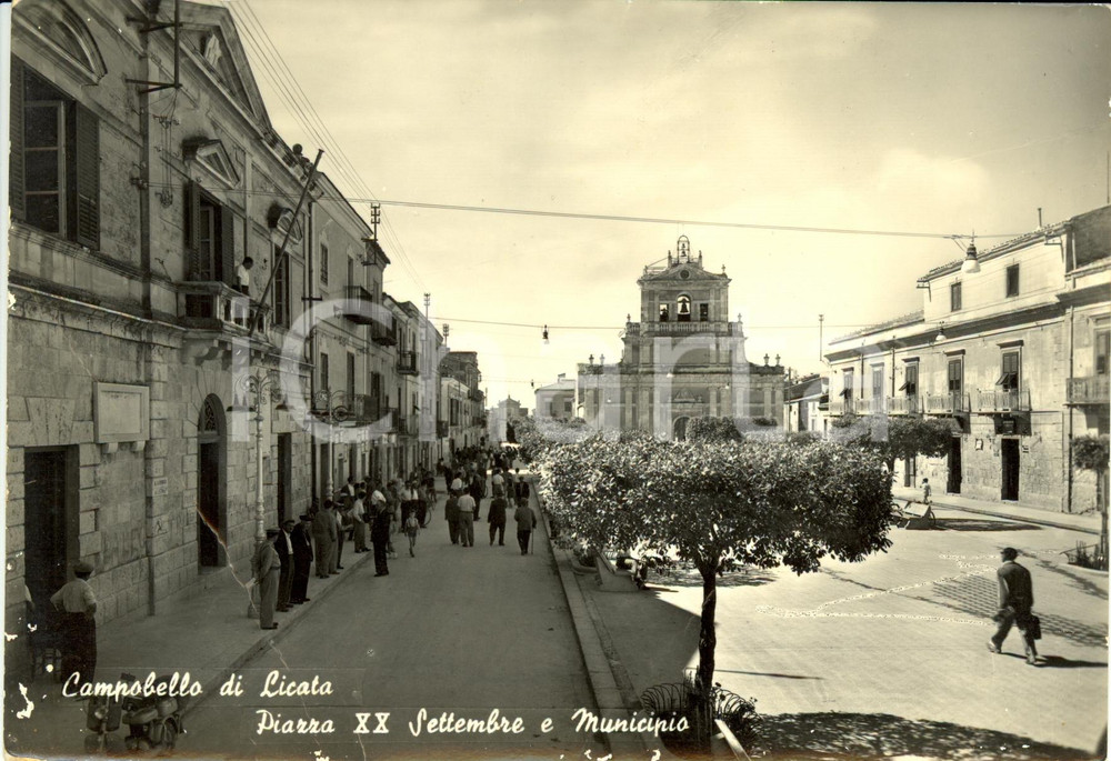 Cartolina originale da collezione 1959 CAMPOBELLO DI LICATA (AG) Piazza XX SETTEMBRE con municipio *DANNEGGIATA 1