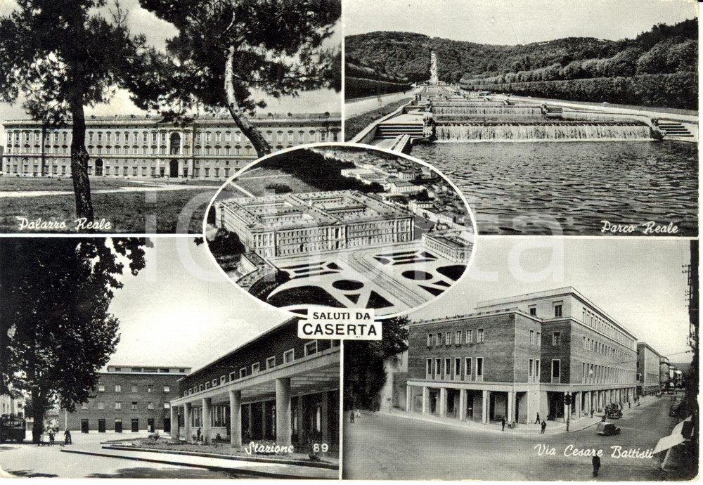 Cartolina originale da collezione 1956 CASERTA Vedutine con parco reale e stazione  Cartolina ANIMATA FG VG 1