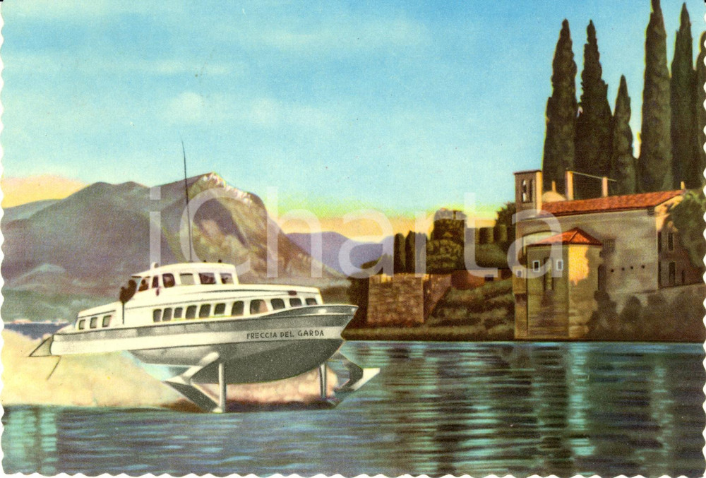 Cartolina originale da collezione 1953 GARDA (VR) Aliscafo FRECCIA del GARDA a Punta SAN VIGILIO *Cartolina FG VG 1