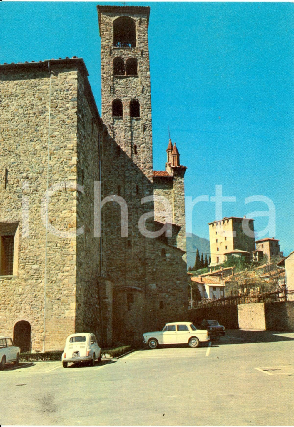 Cartolina originale da collezione 1960 ca BOBBIO PC Castello con FIAT 500 Cartolina FG NV VINTAGE 1
