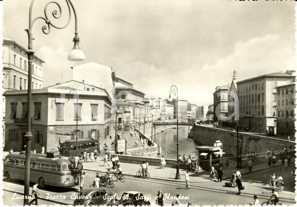 Cartolina originale da collezione 1950 ca LIVORNO Veduta piazza Cavour con scali SAFFI e OLANDESI *Cartolina FG NV 1