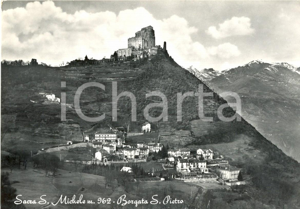 Cartolina originale da collezione 1954 SANT'AMBROGIO DI TORINO (TO) Veduta SACRA DI SAN MICHELE Borgata San Pietro 1
