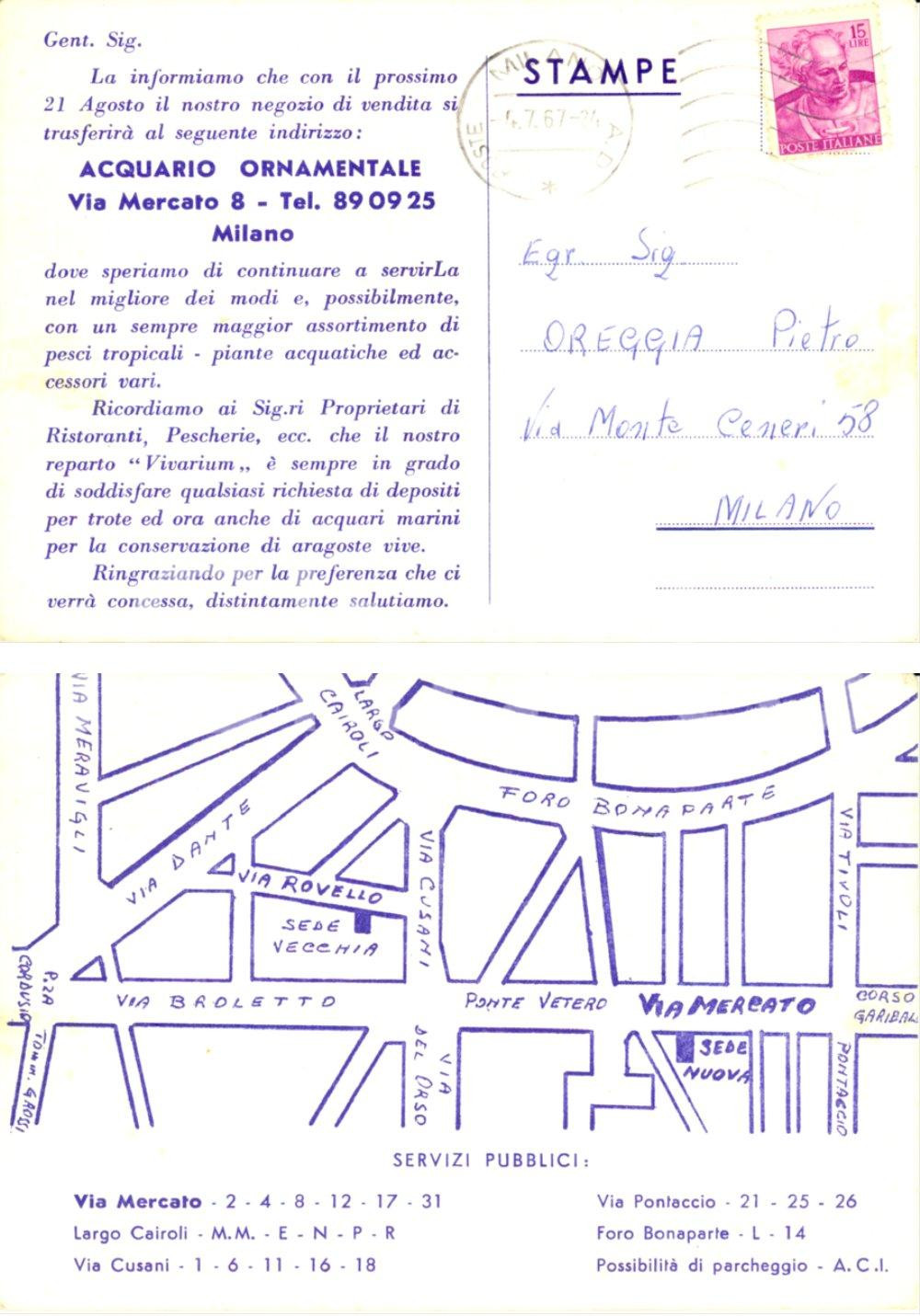 Cartolina originale da collezione 1967 MILANO ACQUARIO ORNAMENTALE Via Mercato 8 Trasferimento negozio 1