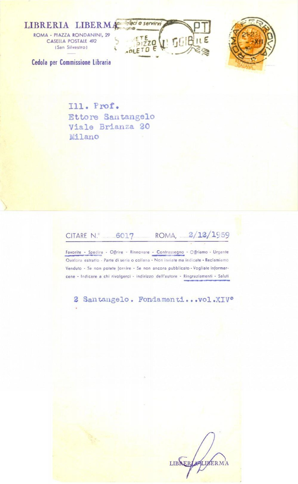 Cartolina originale da collezione 1959 ROMA Libreria LIBERMA richiesta volume FONDAMENTI a Paolo Ettore SANTANGELO 1