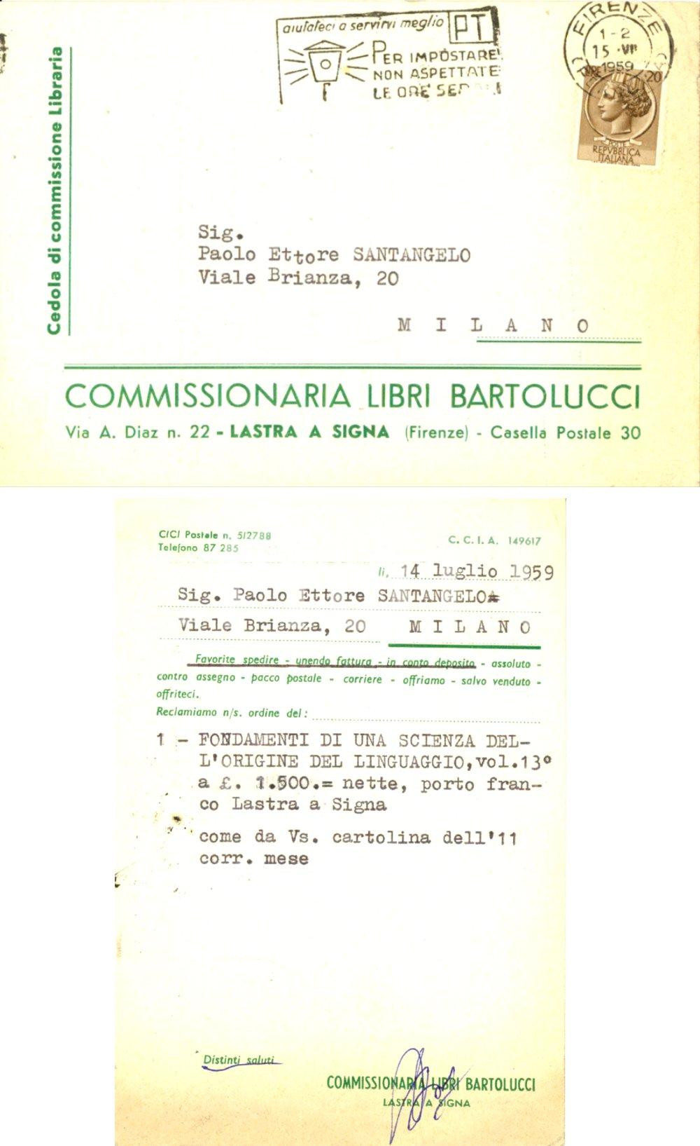 Cartolina originale da collezione 1959 LASTRA A SIGNA Libri BARTOLUCCI richiesta libro a Paolo Ettore SANTANGELO 1