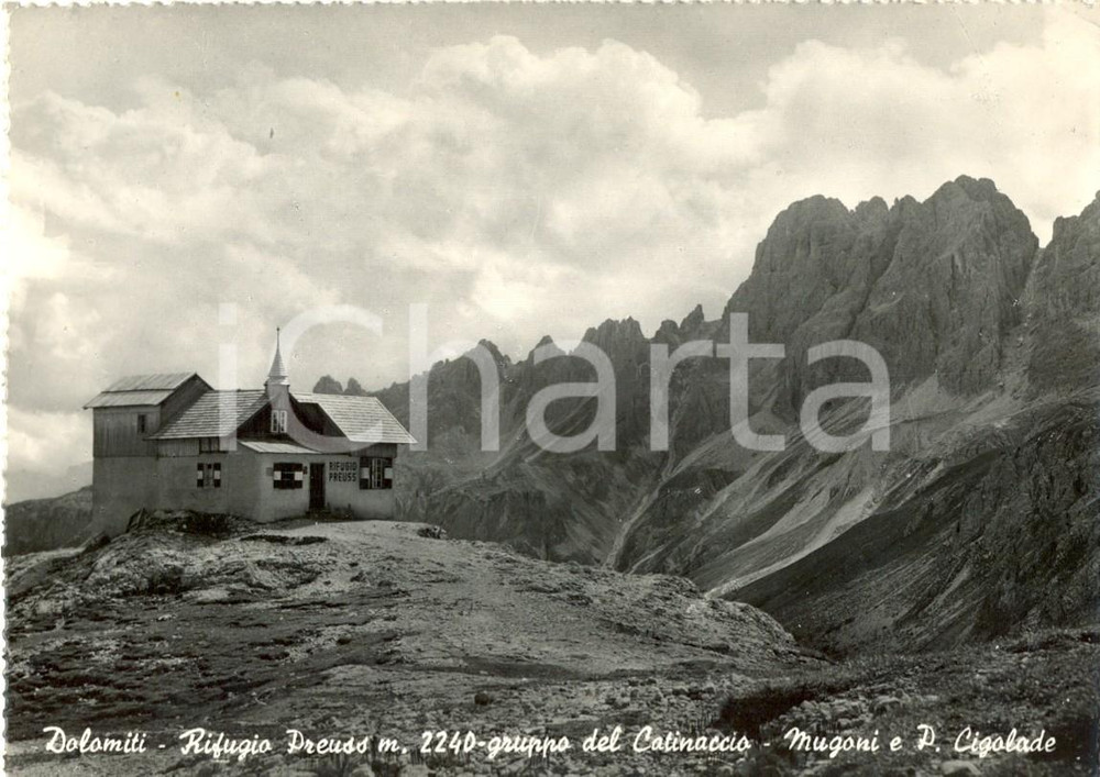 Cartolina originale da collezione 1954 VIGO DI FASSA (TN) DOLOMITI Rifugio PREUSS Gruppo del CATINACCIO *FG VG 1