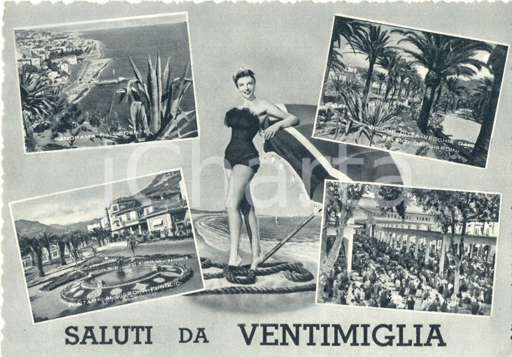 Cartolina originale da collezione 1958 VENTIMIGLIA IM Vedutine del MERCATO DEI FIORI e del panorama FG VG 1