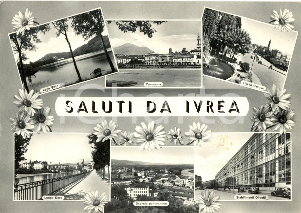 Cartolina originale da collezione 1955 ca IVREA TO Vedutine degli STABILIMENTI OLIVETTI e CORSO CAVOUR FG VG 1