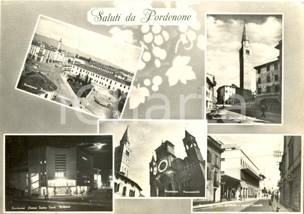 Cartolina originale da collezione 1954 PORDENONE Vedutine del Campanile di SAN MARCO e CINEMA TEATRO VERDI FG VG 1