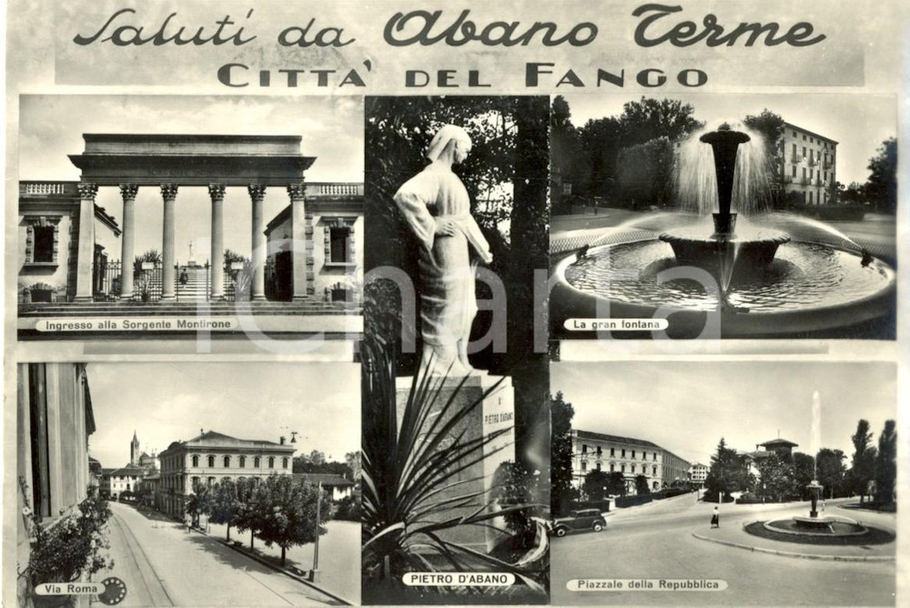 Cartolina originale da collezione 1955 ABANO TERME (PD) Vedutine di VIA ROMA e ingresso SORGENTE MONTIRONE *FG VG 1